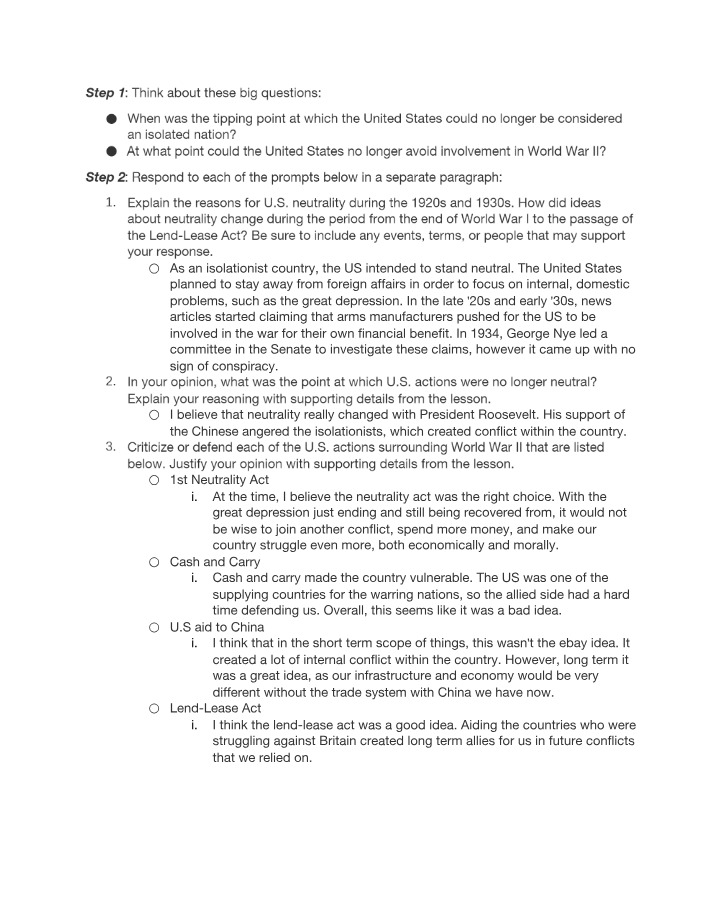 World War II and US Neutrality Essay Questions