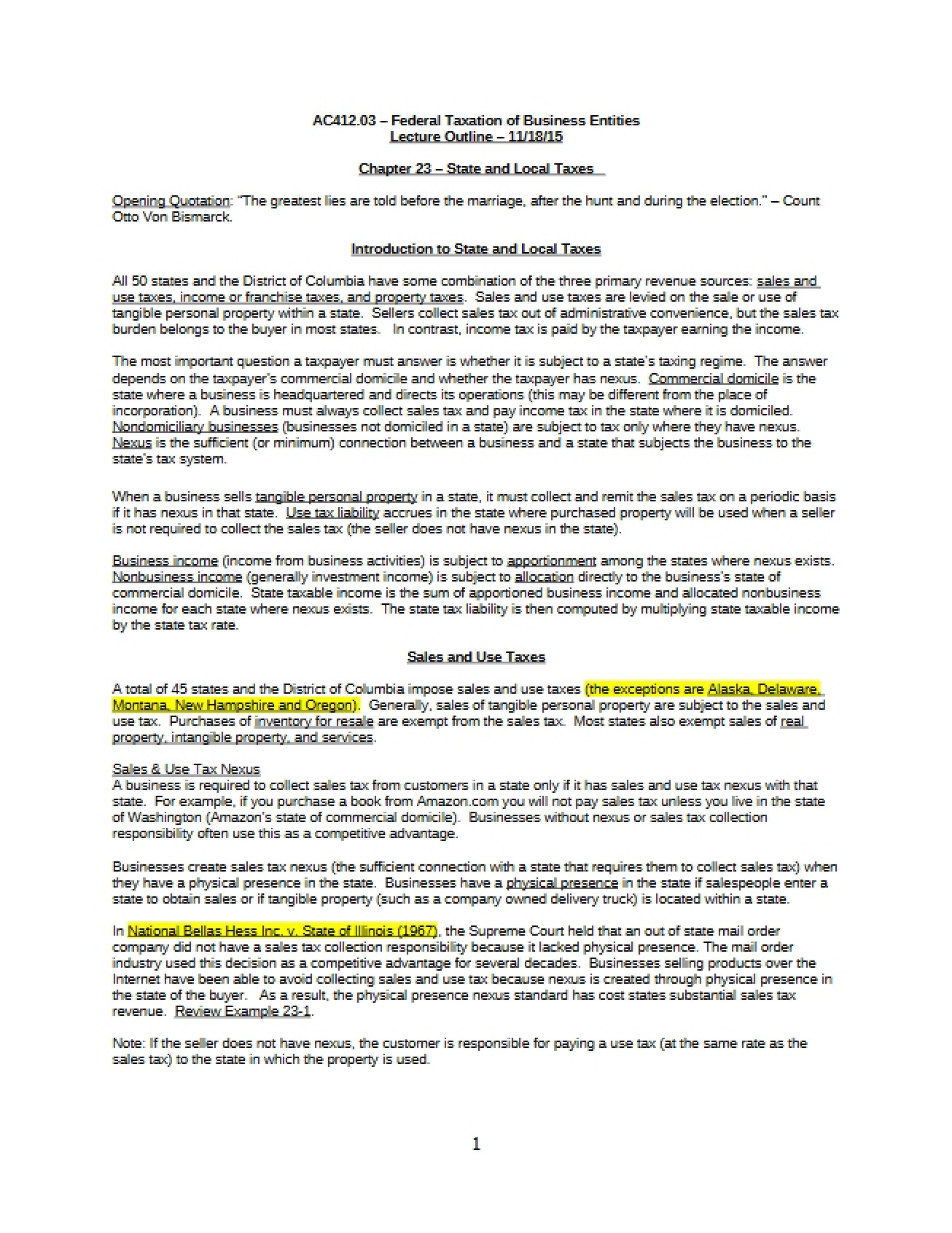 Introduction to State and Local Taxes (Chapter 23)