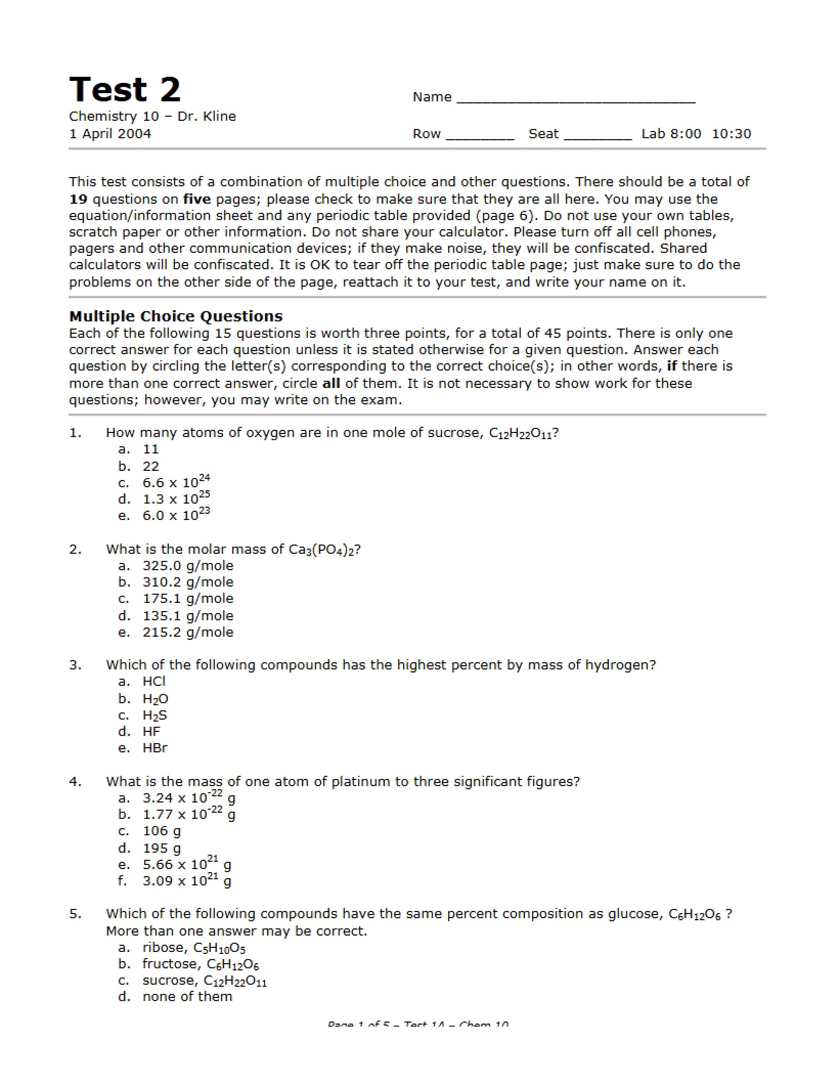 Test 2 for Chem 10