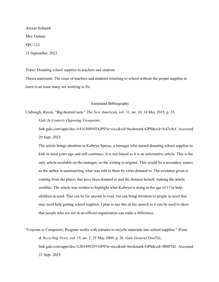 Donating School Supplies - Annotated Bibliography