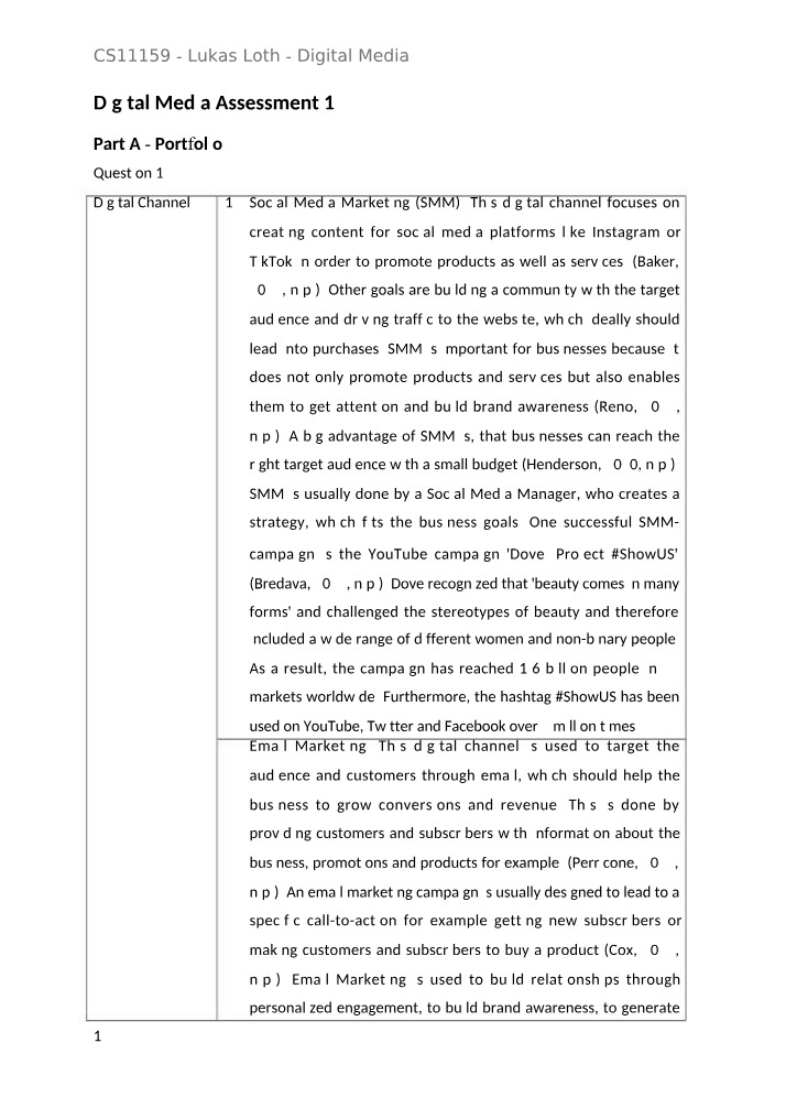 Social Media Marketing and Email - Digital Media Assessment 1
