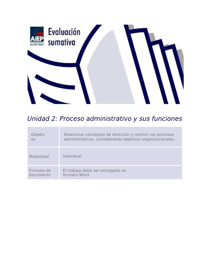 Proceso Administrativo y sus Funciones - Evaluación Sumativa Unidad 2