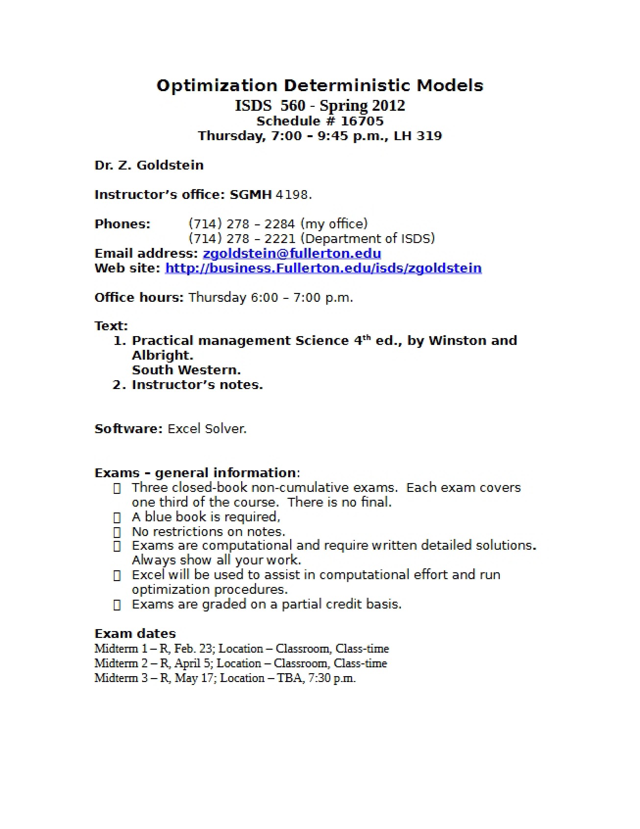 Syllabus for Advanced Deterministic Models