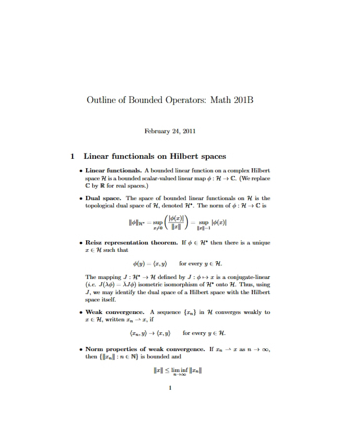 Outline of Bounded Operators for Math 201B
