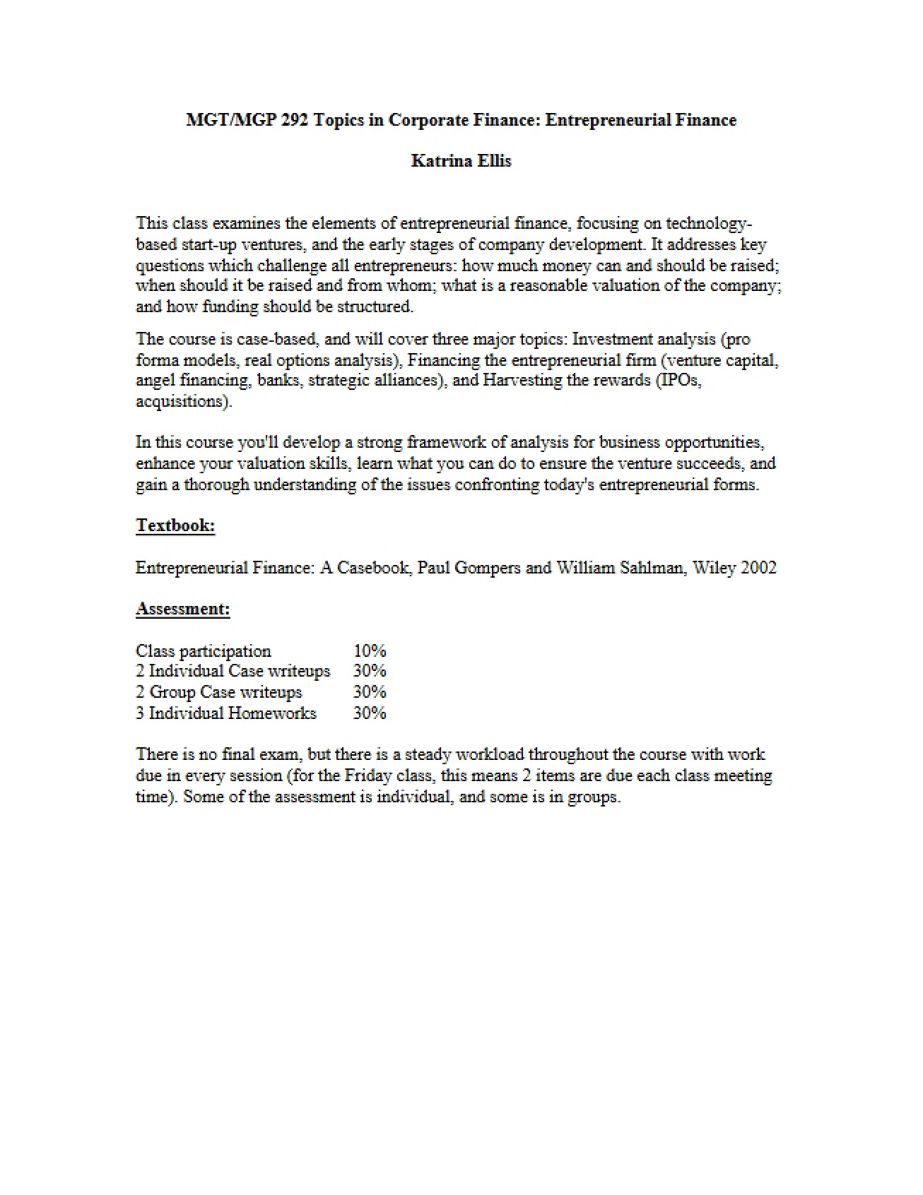 Syllabus for MGT 292