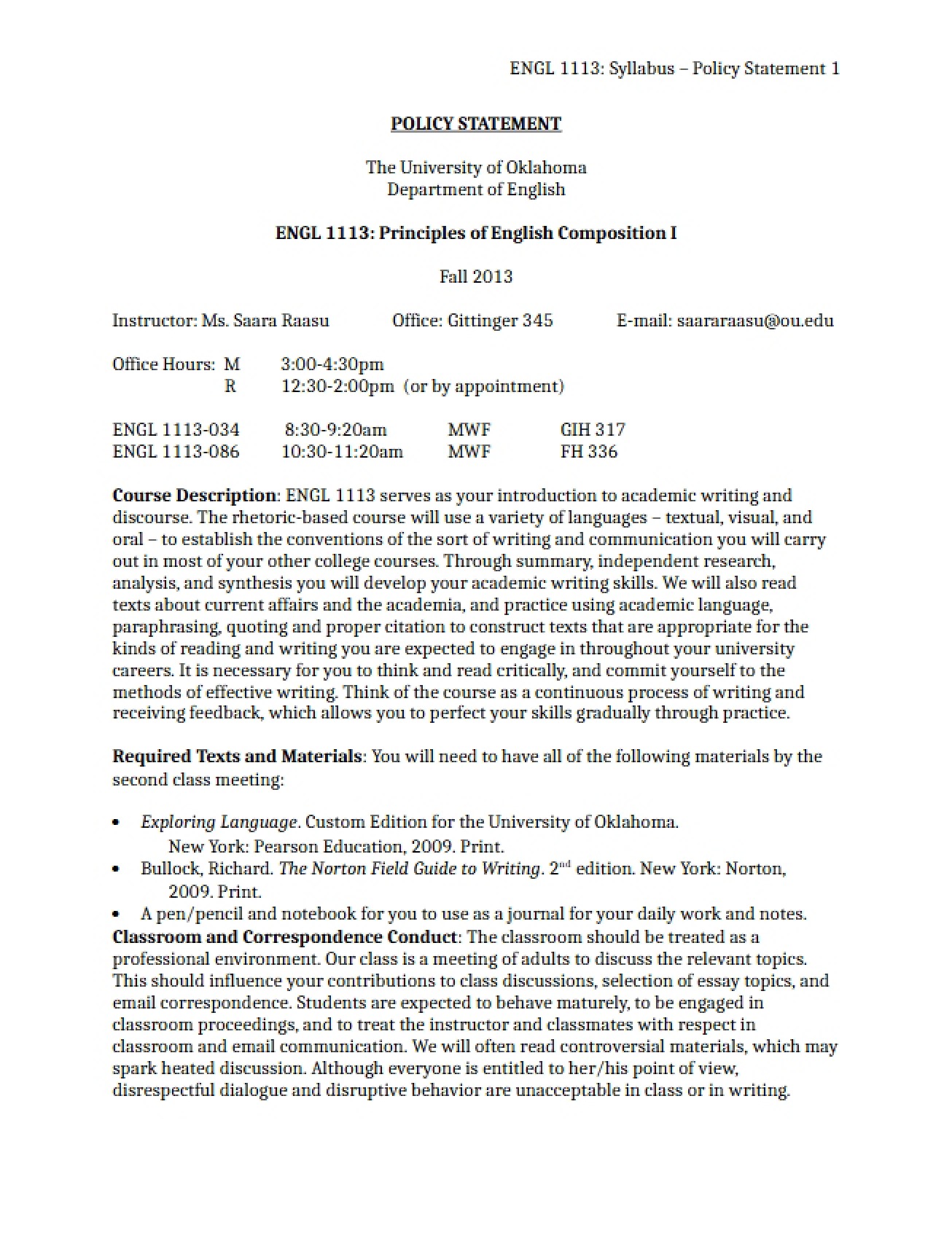 Fall 2013 Syllabus and Policy Statement