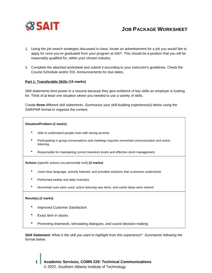 Job Package Worksheet - Strategies for Landing Your Dream Job