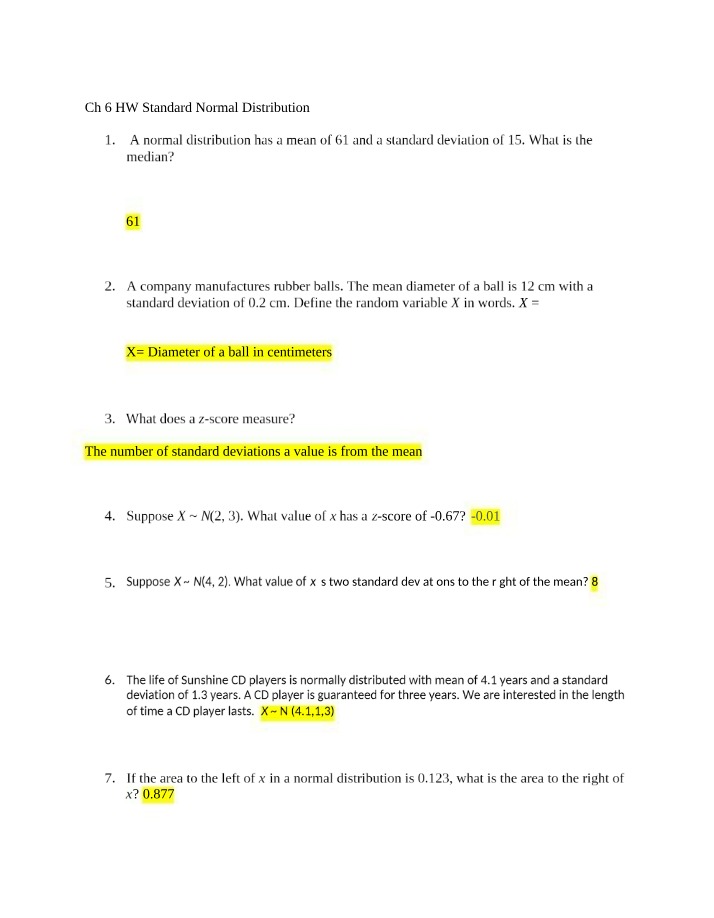 Standard Normal Distribution - Chapter 6 Homework