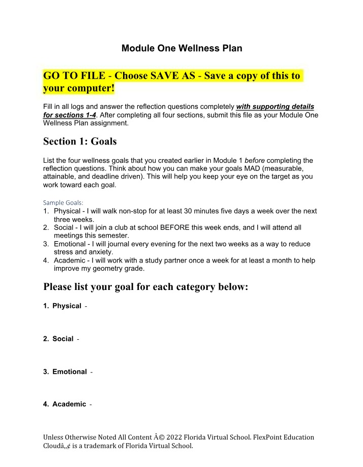 Wellness Plan for Module One