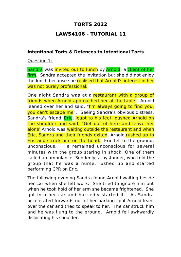 Trespass to Land and Defences to Intentional Torts - Tutorial 11