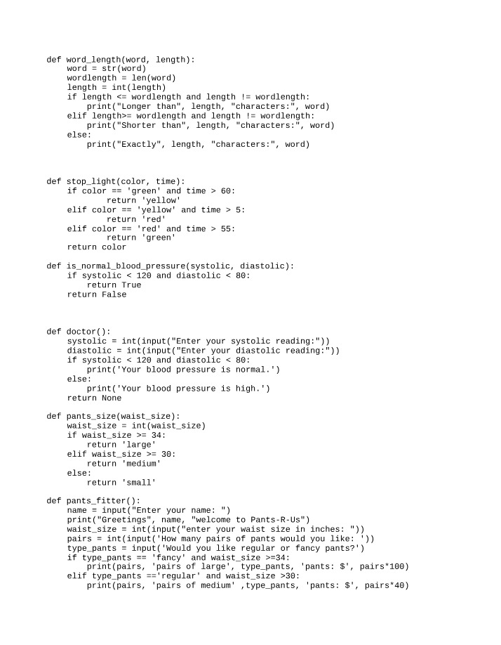 Word Length, Stop Light, Blood Pressure, Pants, Beef Type, and Species Height - Python Functions