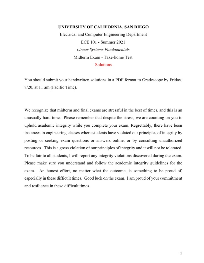 Linear Systems Midterm Exam - Solutions and Guidelines