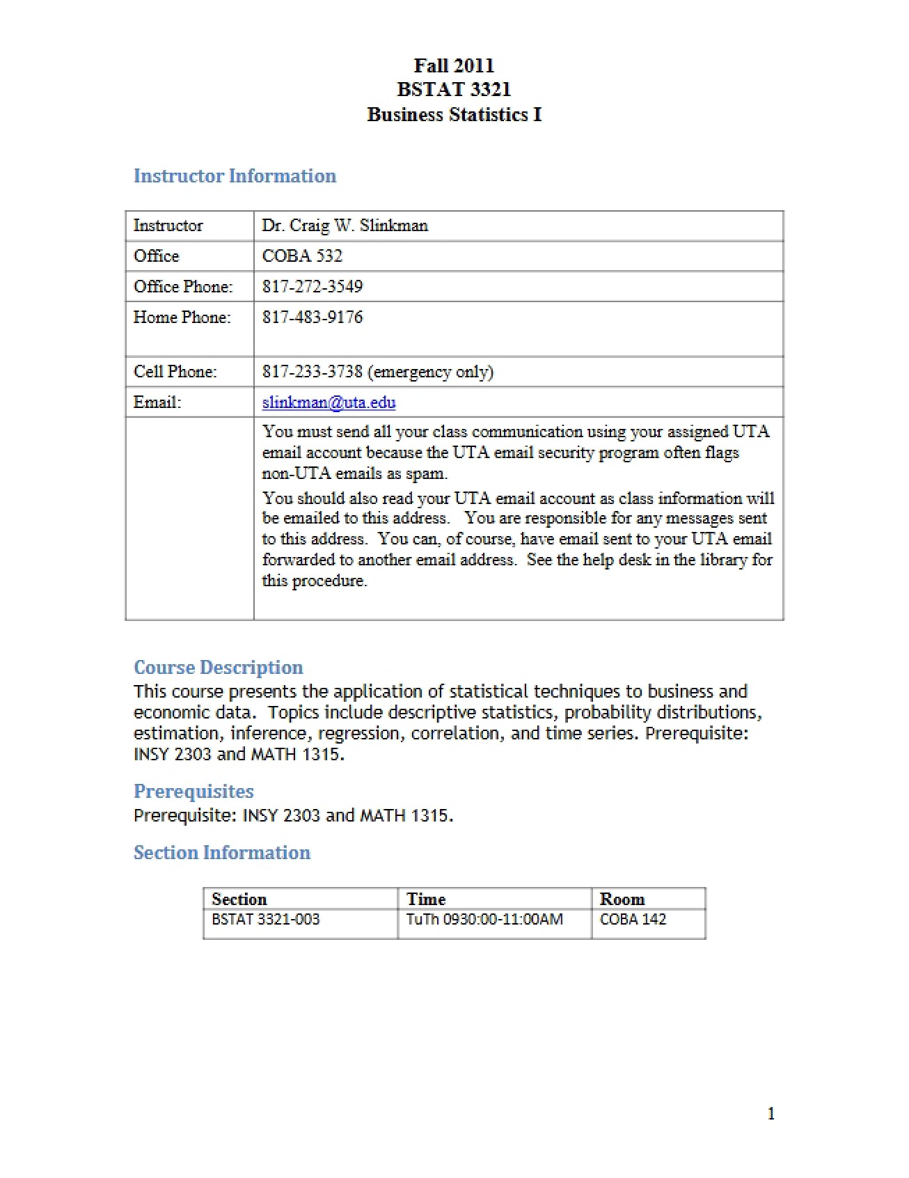 Syllabus Business Statistics One
