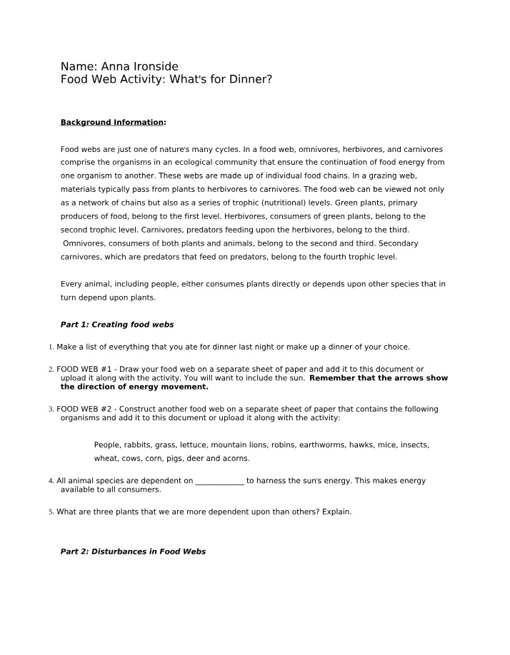 What's for Dinner - Food Web Activity