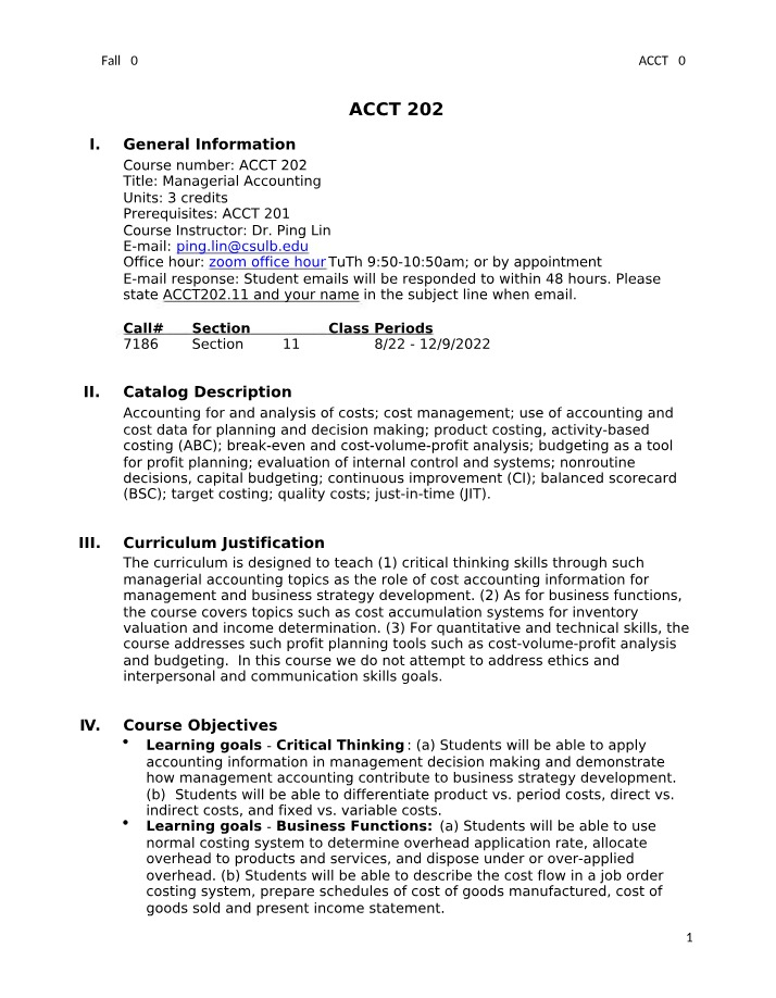 Fall 2022 Syllabus for Managerial Accounting (ACCT 202)