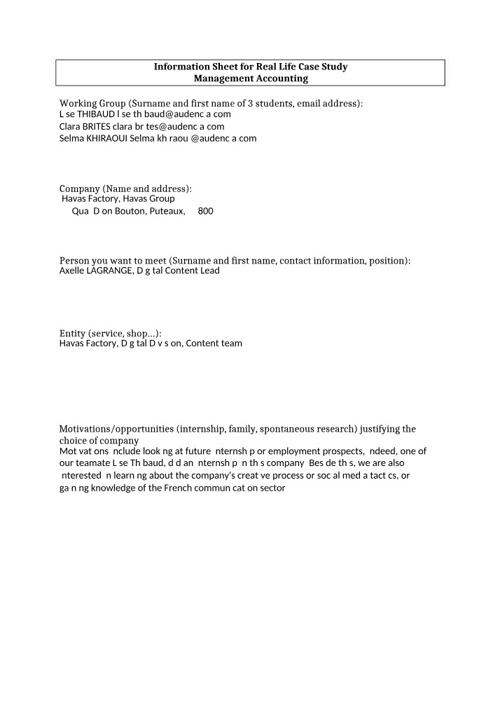 Havas Factory Information Sheet