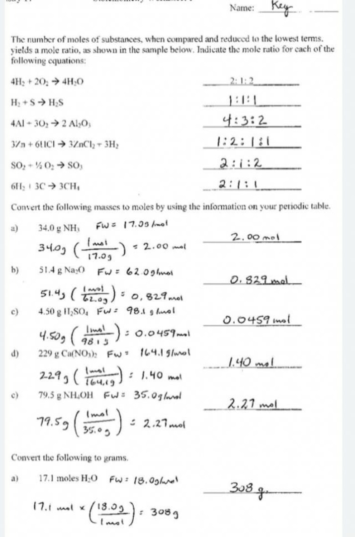 Worksheet on Stoichiometry