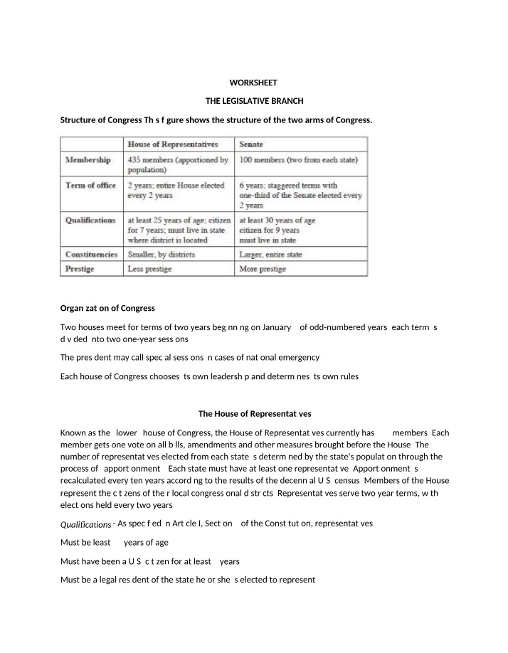 Legislative Branch - Structure and Powers Worksheet