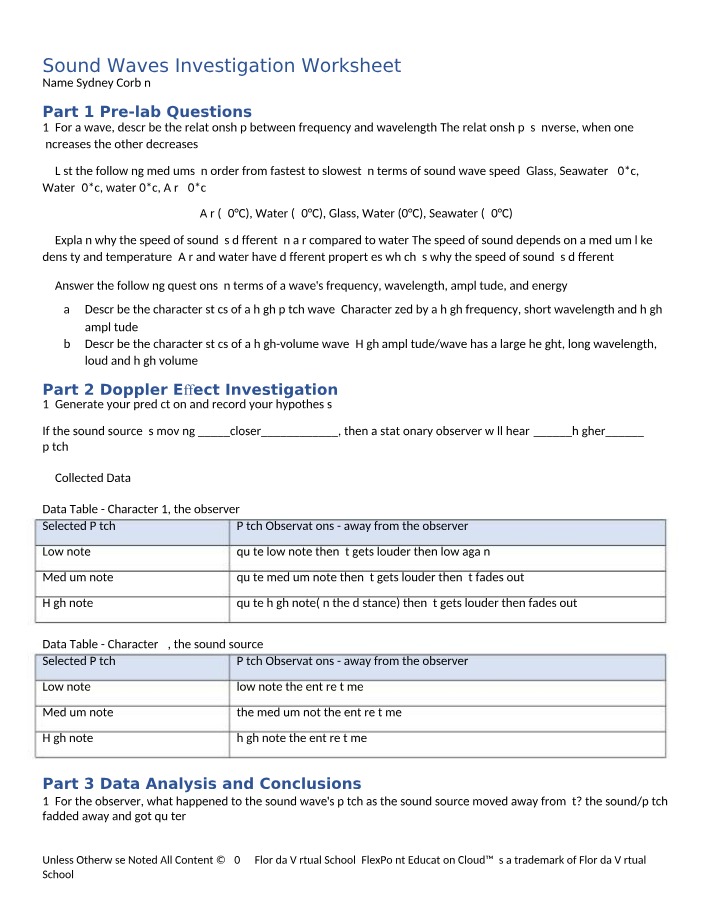 Worksheet on Sound Waves Investigation