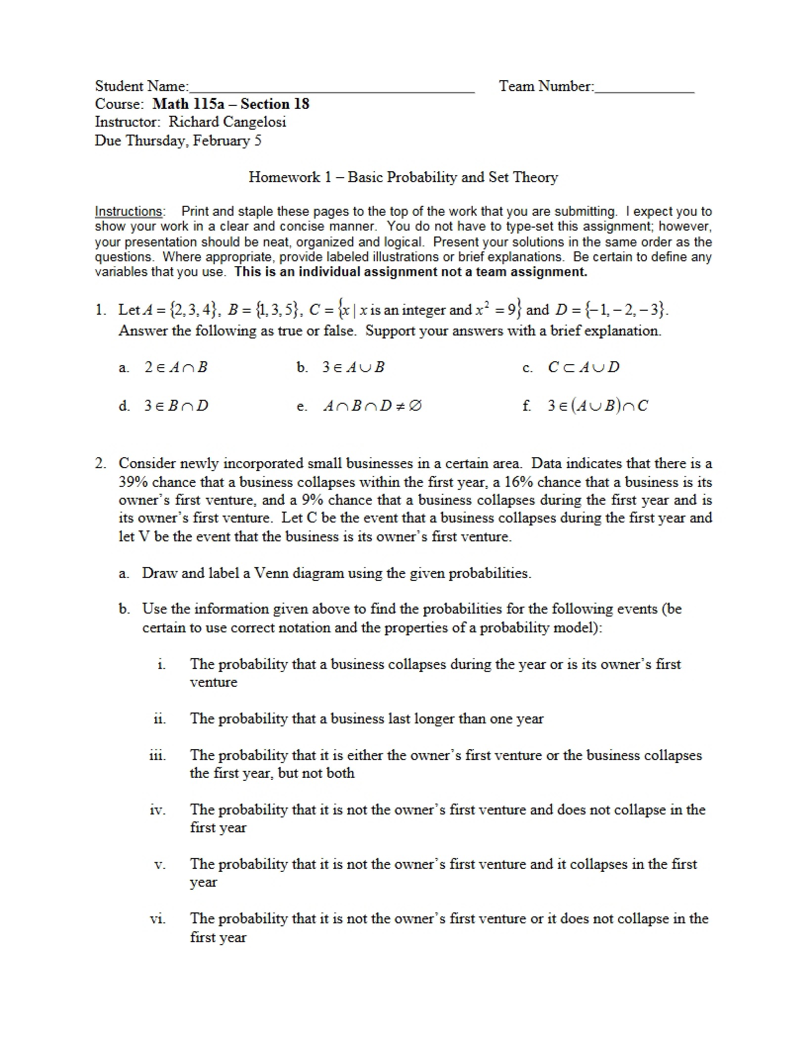 First Homework Set Theory and Probability