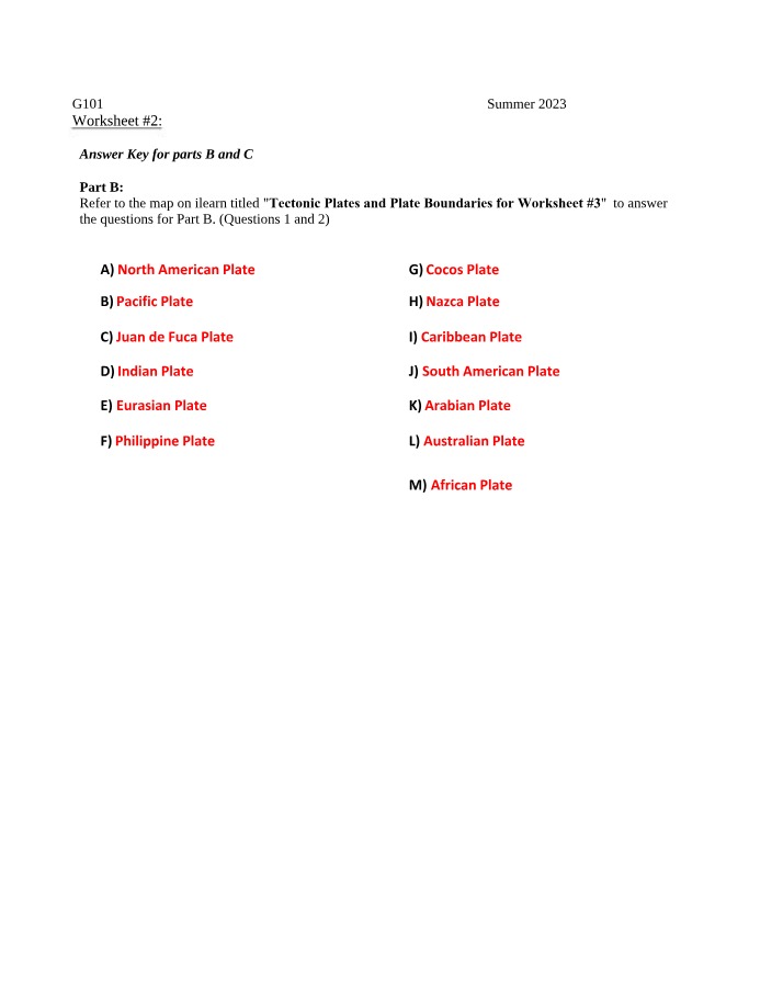 Worksheet 2 Answer Key - Plate Boundaries and Interactions