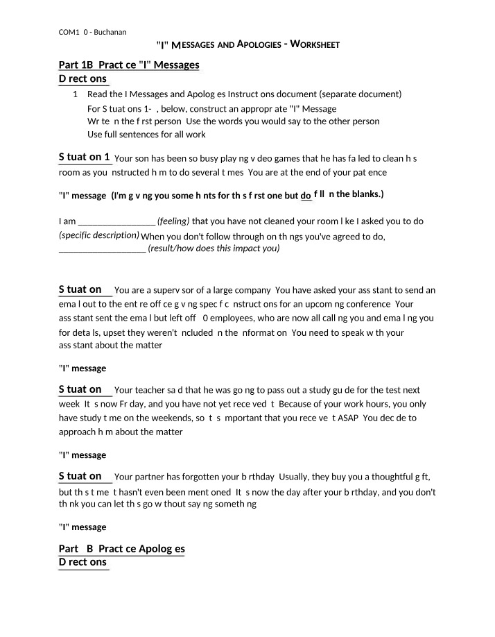 Worksheet on Apologies and I Messages
