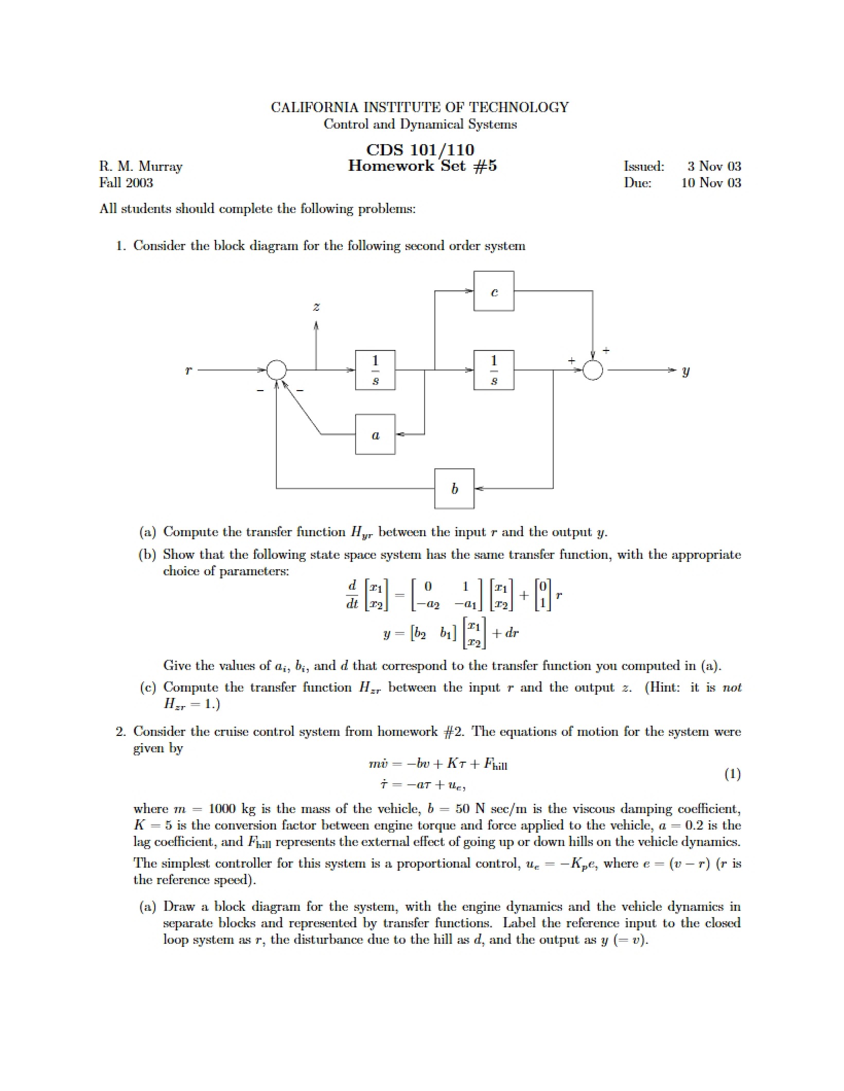 Fifth Homework Set CDS 101