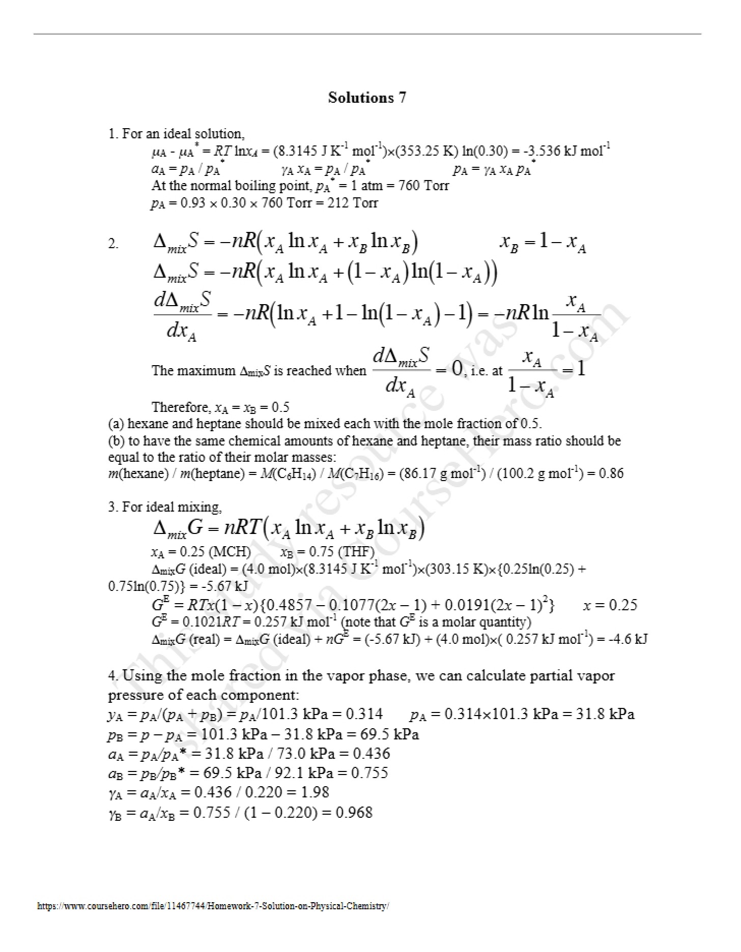 Physical Chemistry Solutions (Homework 8)