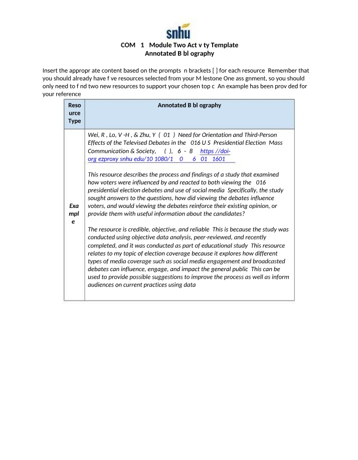 Annotated Bibliography Template for COM 213 Module Two