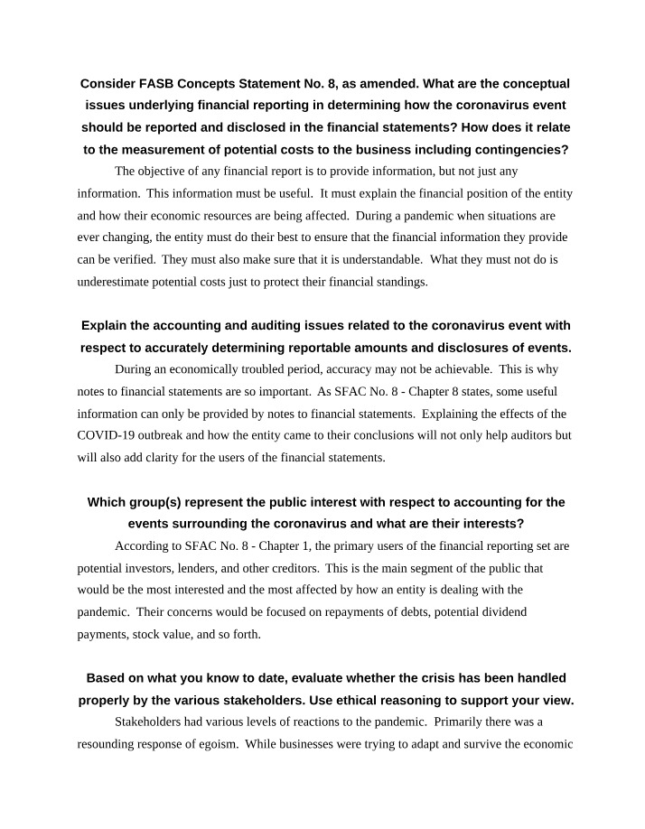 FASB Concepts Statement No. 8 - Coronavirus Disclosures and Financial Reporting
