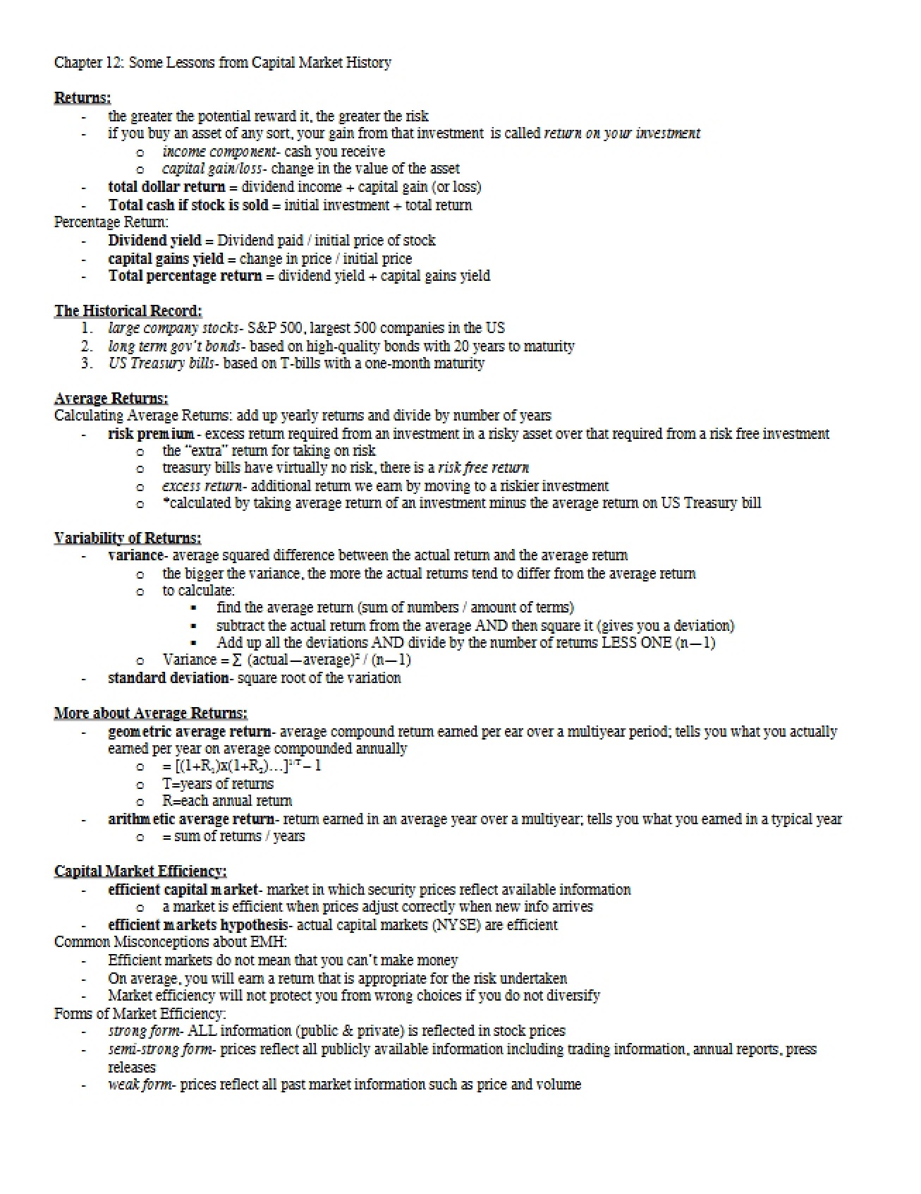 Capital Market History Lessons (Chapter Twelve)