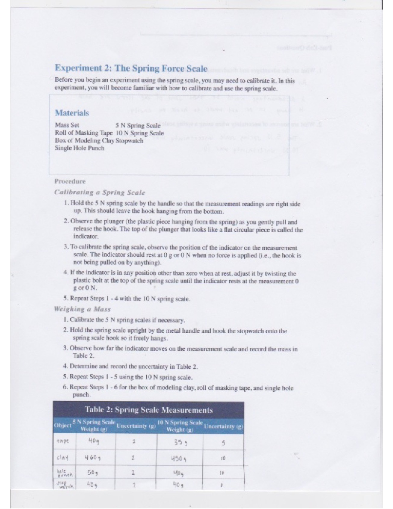 Experiment 2 The Spring Force Scale - COLLEGE PHYSICS 1