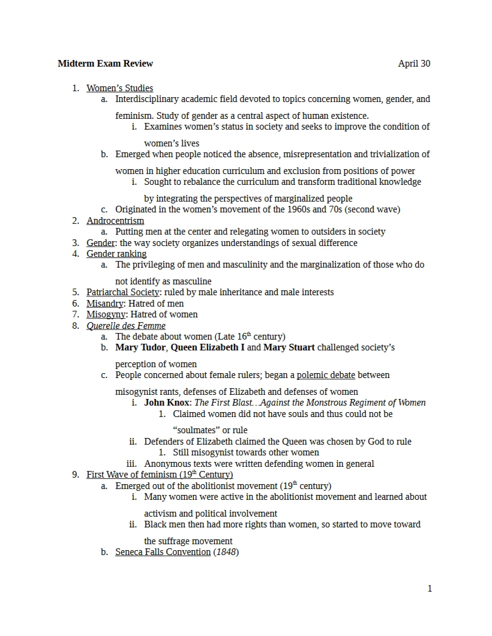 Review for WGS 201 Midterm