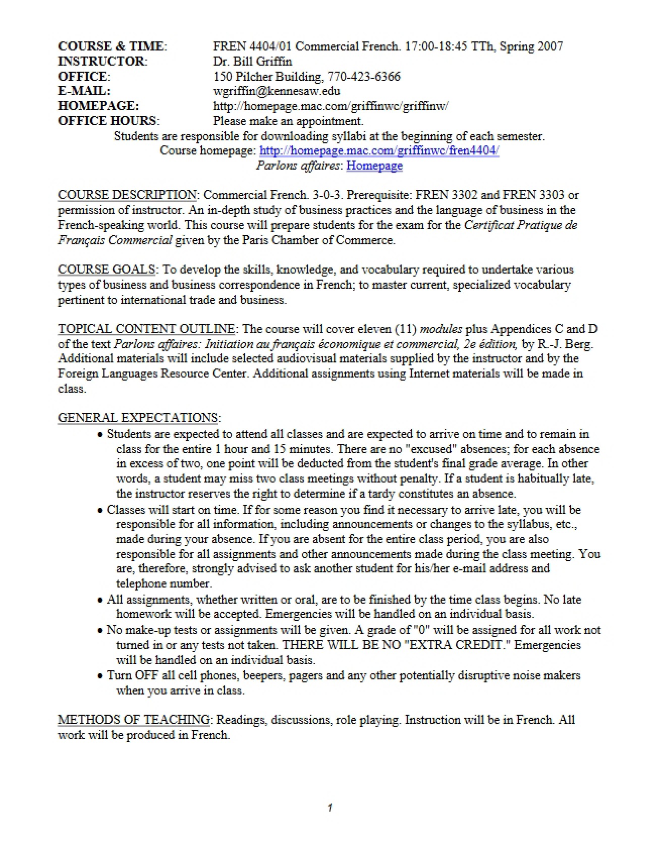 Course Outline for Commercial French - 5 Pages