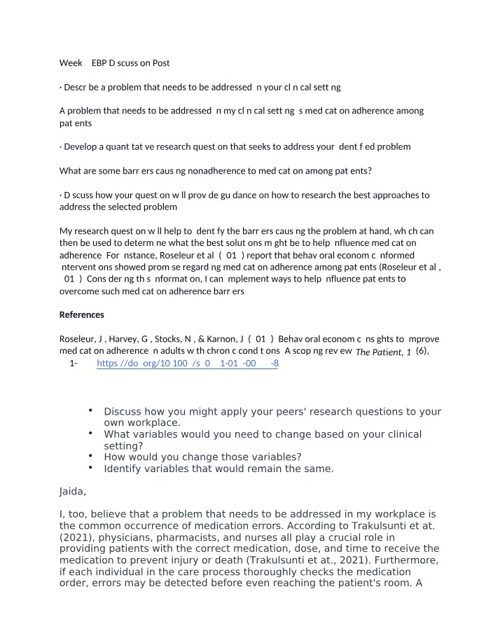Week 7 EBP Discussion - Medication Adherence and Patient Outcomes
