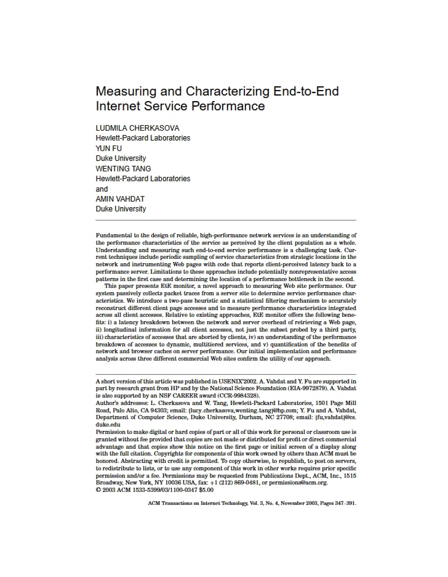 End-to-End Internet Service Performance Characterization