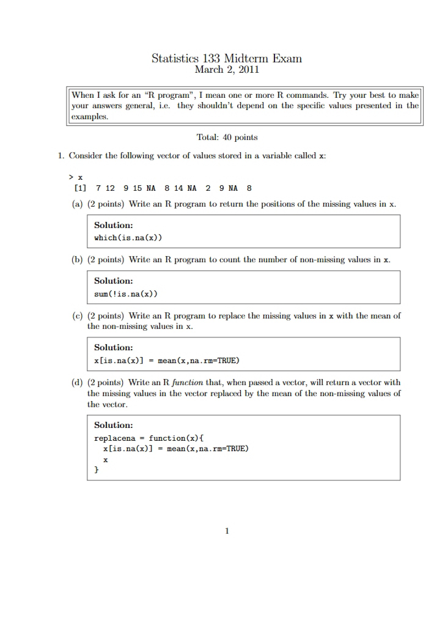 Midterm Examination for Statistics 133