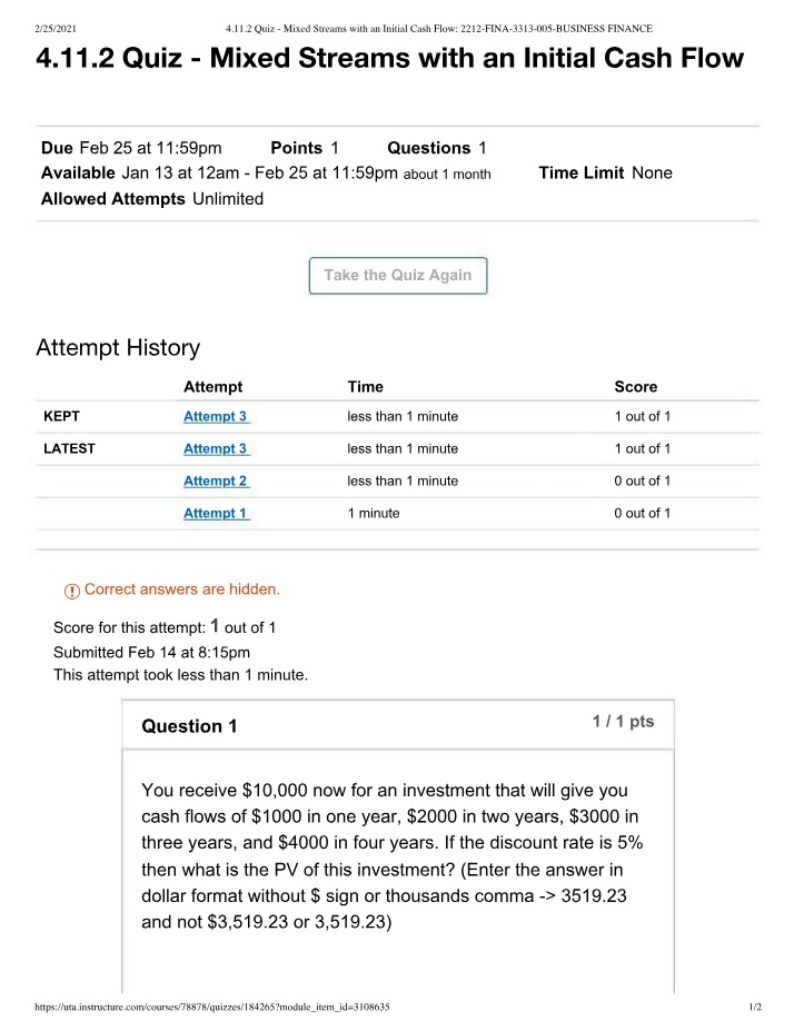 Quiz 4.11.2 - Mixed Streams with an Initial Cash Flow