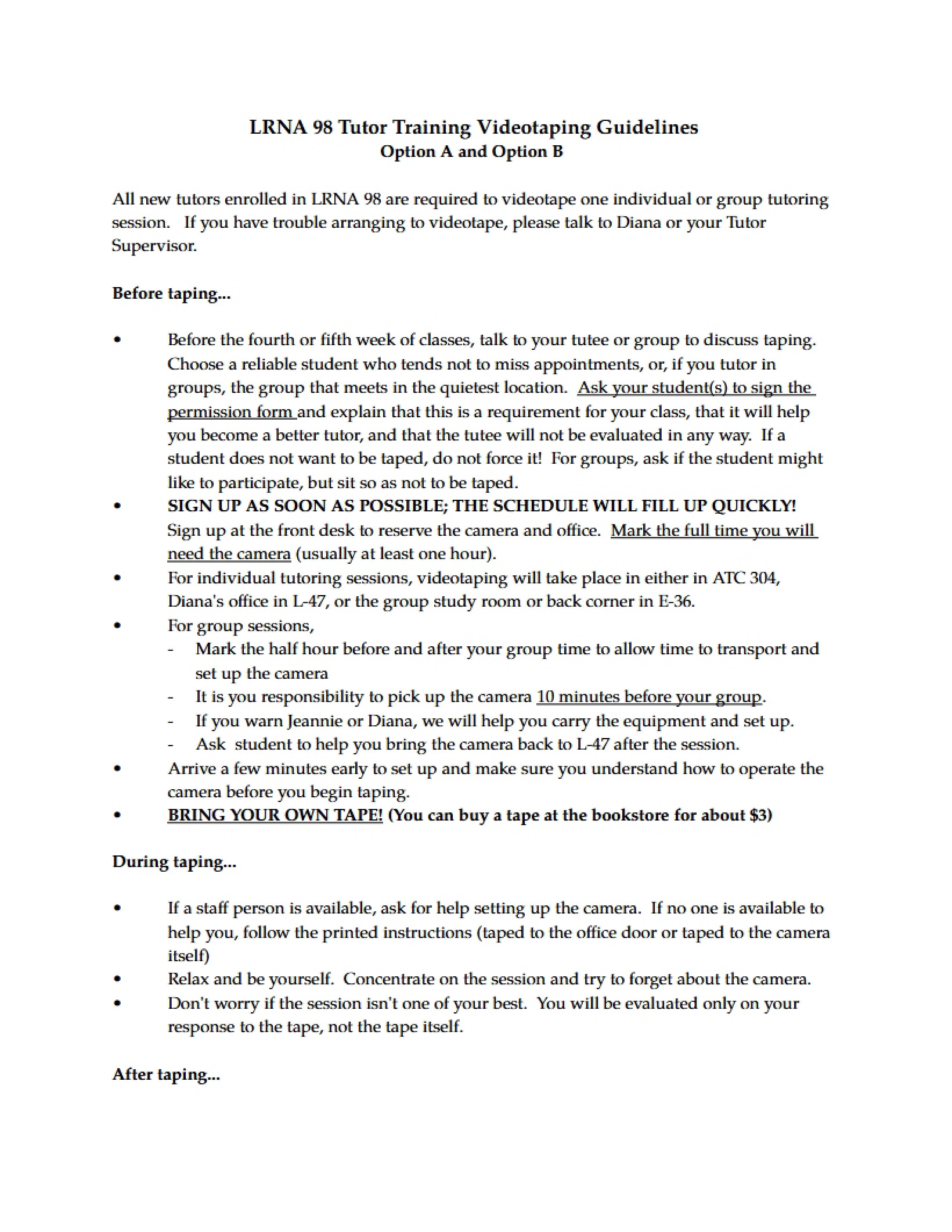 Guidelines for Videotaping Tutor Training