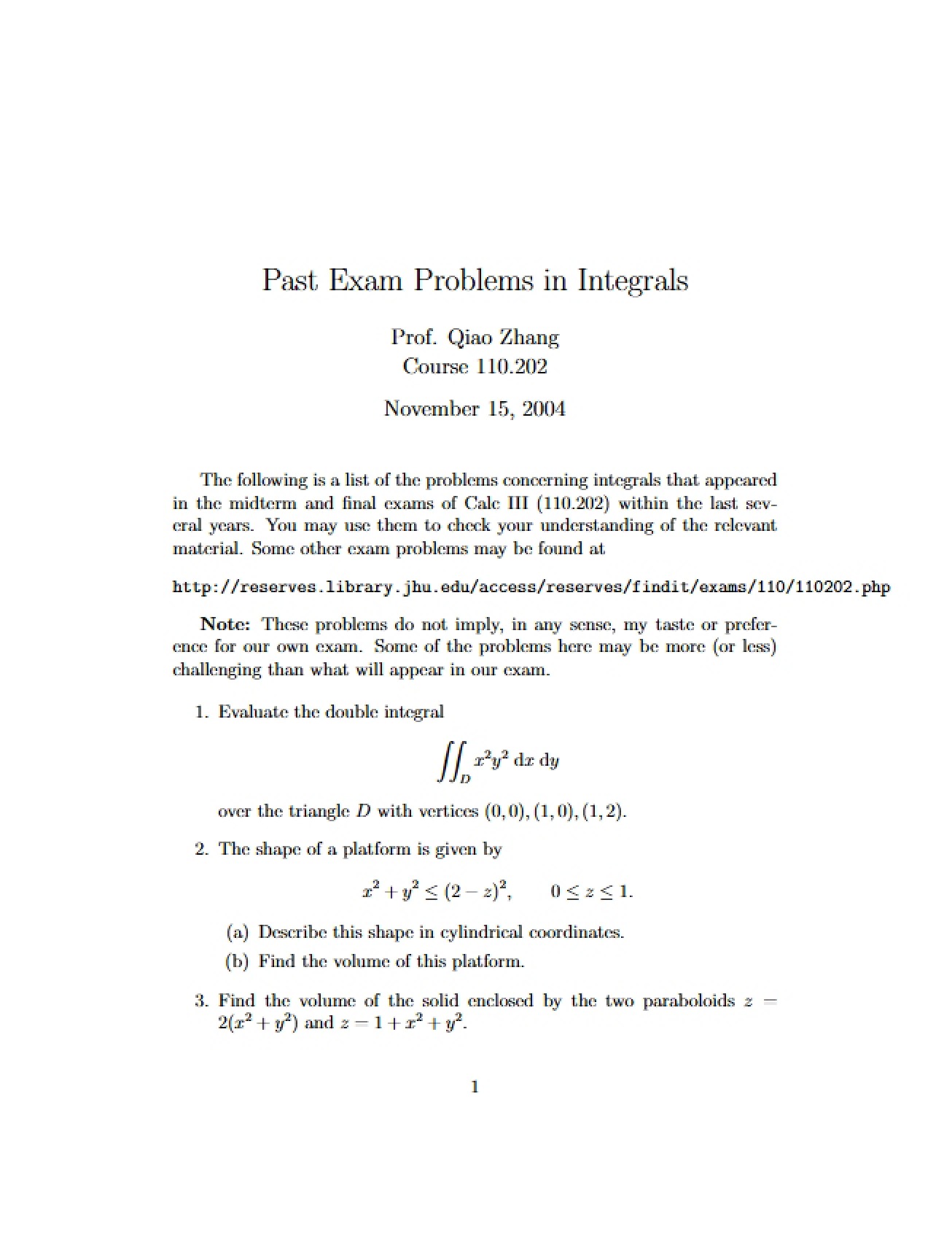 Previous Exam Integral Problems