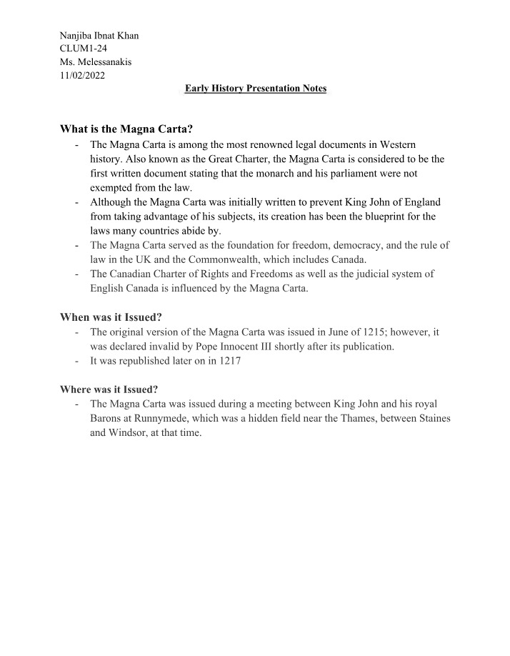 Presentation Notes on Early History