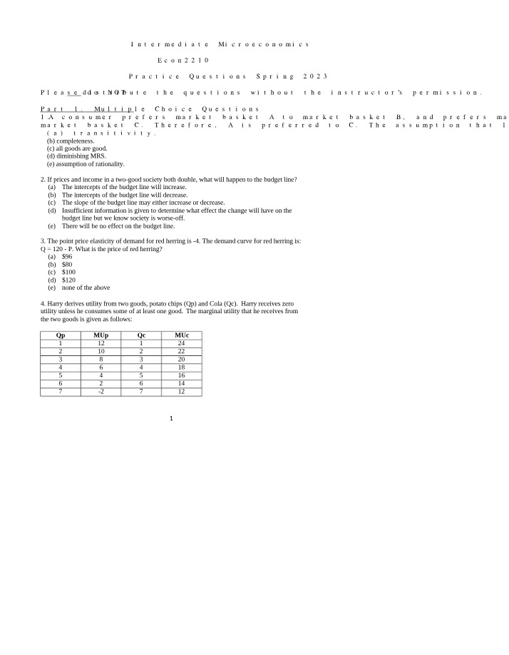 Intermediate Microeconomics - Consumer Practice Questions