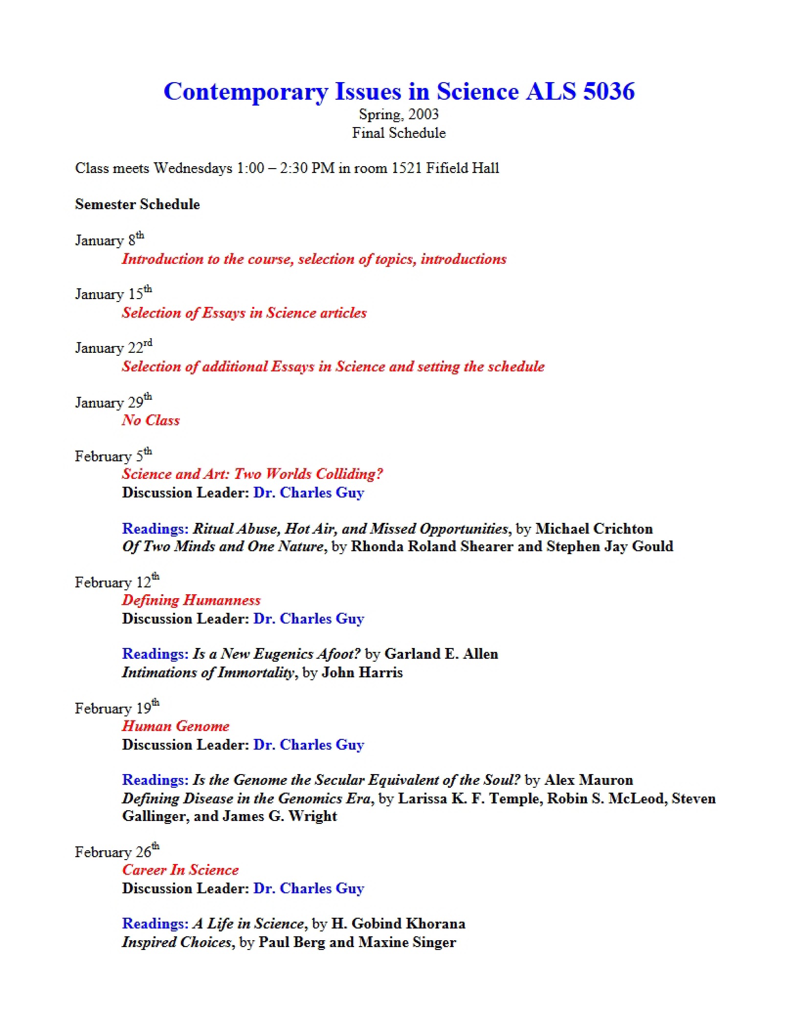 Contemporary Science Issues Schedule