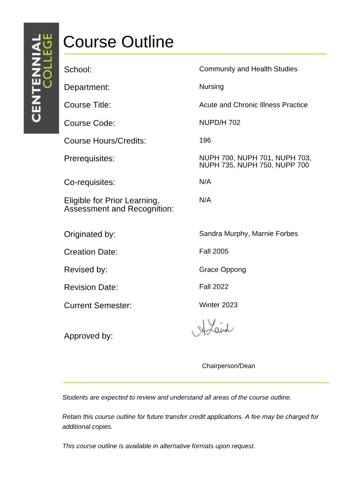 Course Outline for Acute and Chronic Illness Practice