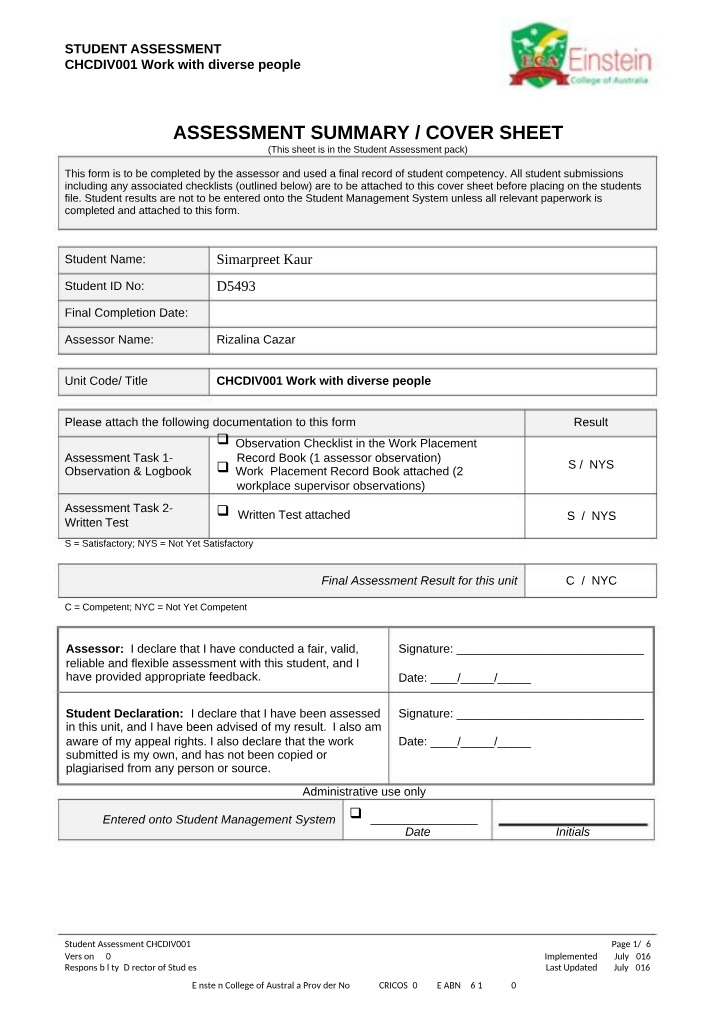 CHCDIV001 Assessment and Observation - Work with Diverse People