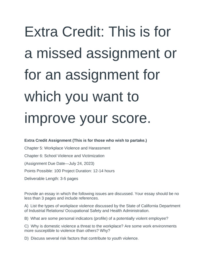 Workplace, School, and Youth Violence - Extra Credit