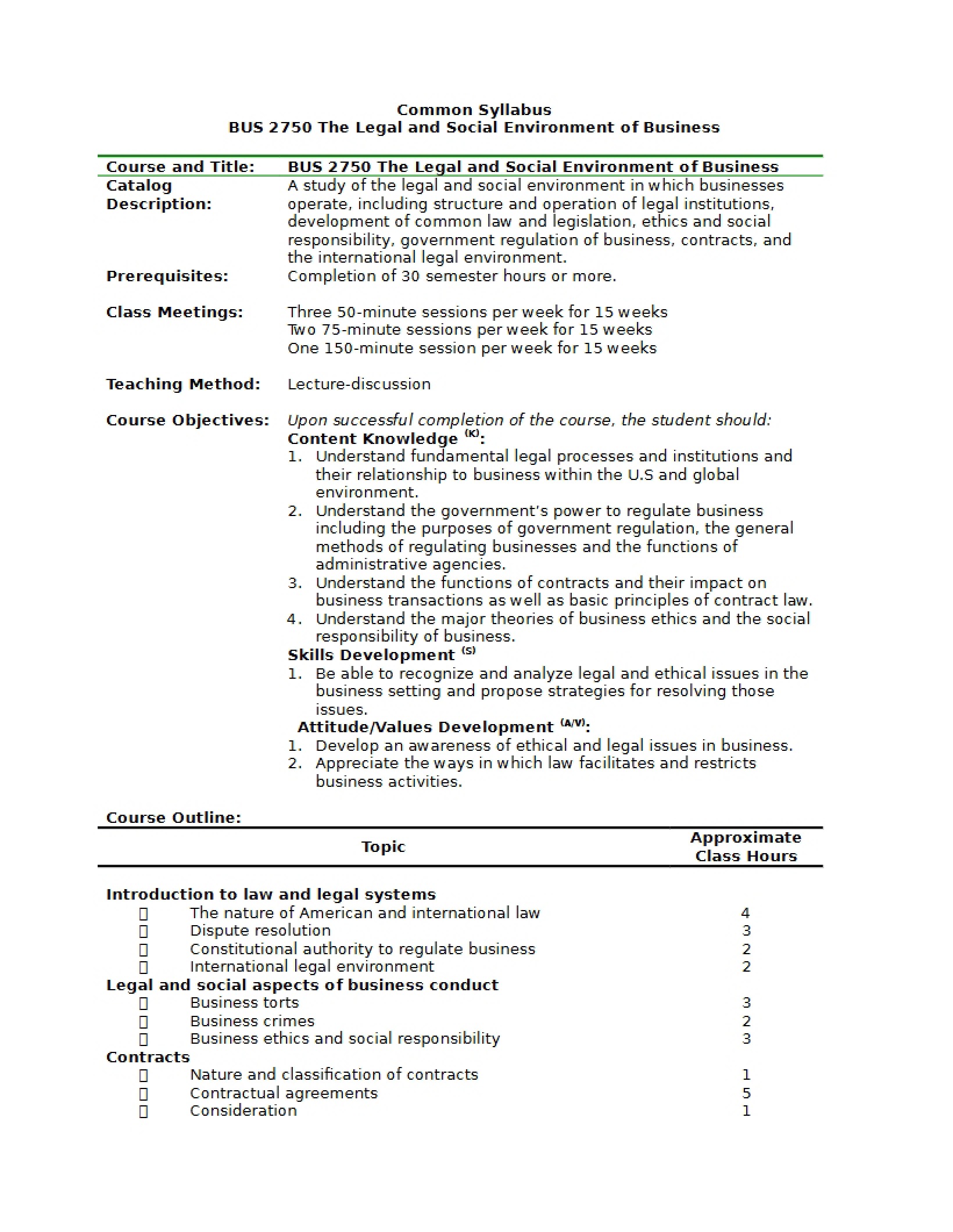 Common Syllabus for Legal Environment of Business