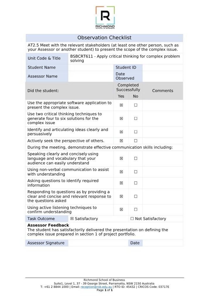 AT2 Observation Checklist - BSBCRT611