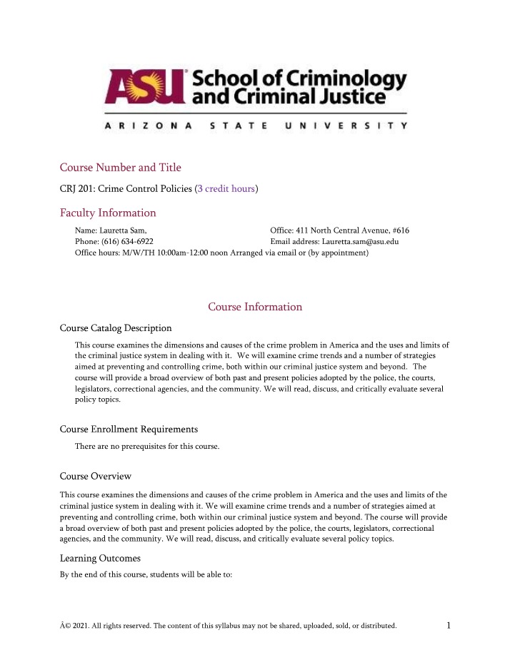CRJ 201 Syllabus - Crime Control Policies