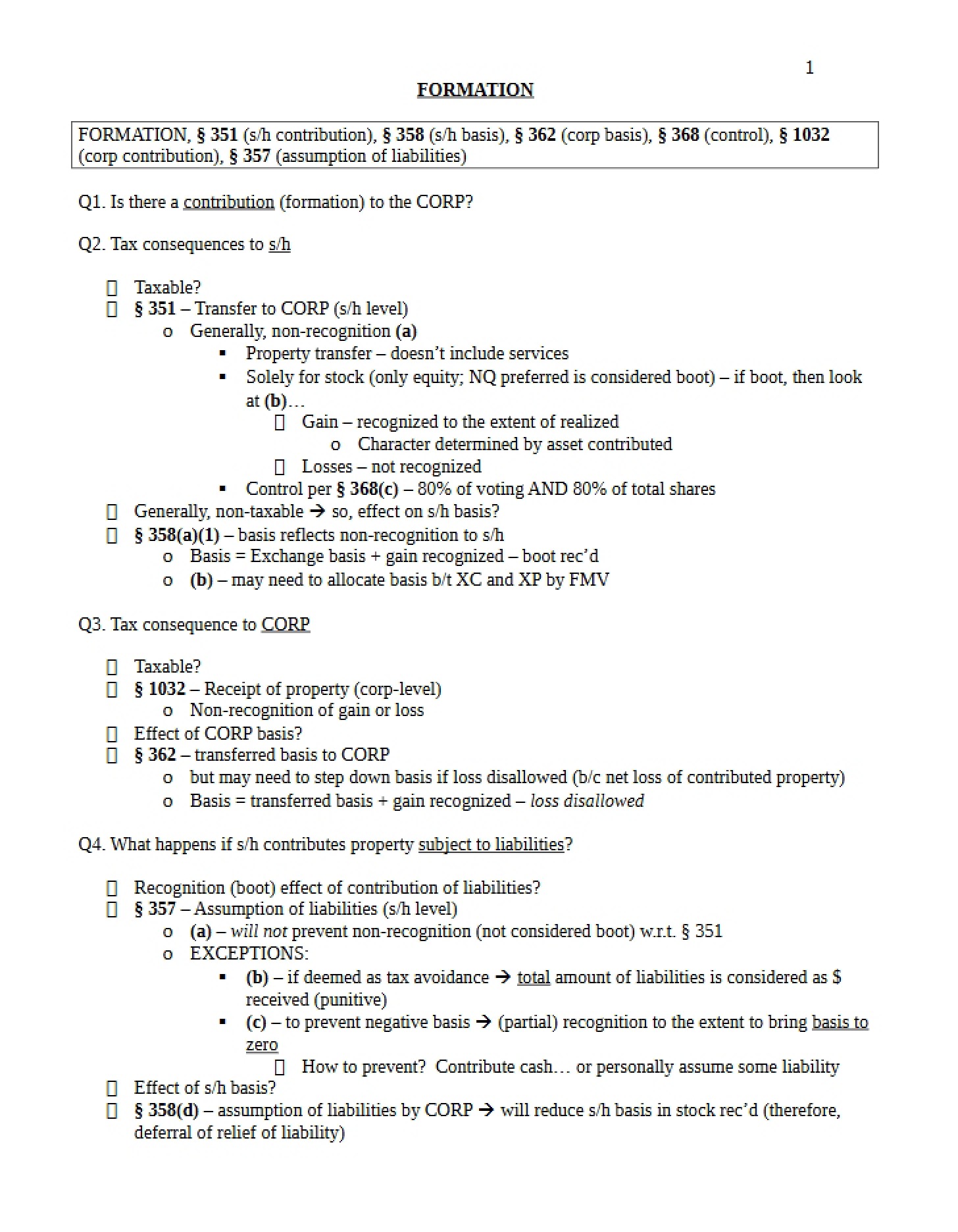 Quick Outline Corporate Tax Code